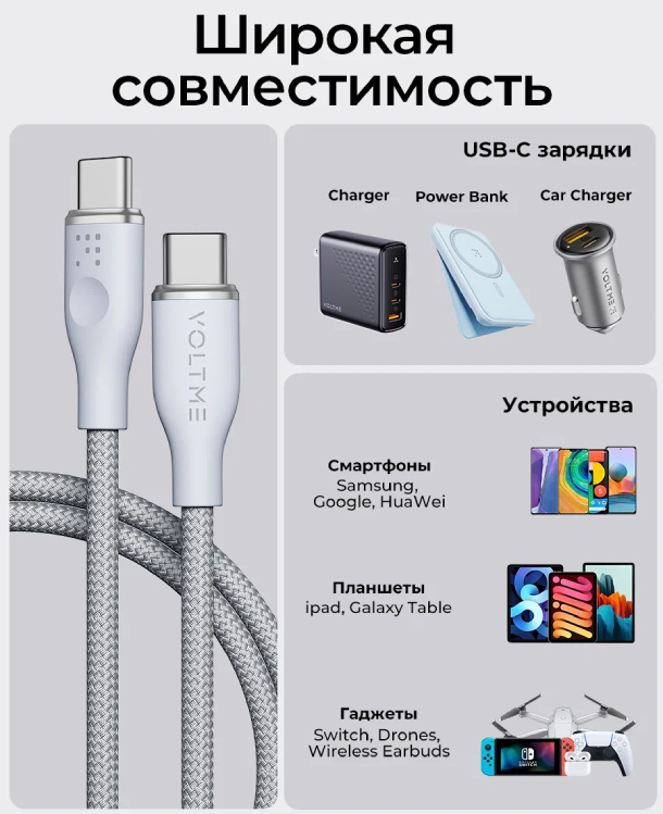VOLTME RUGG USB C+Type-C- 3A 60 Вт 1.8м 60W, Нейлон