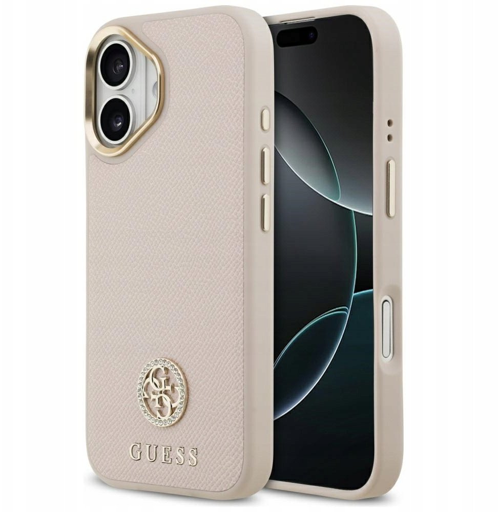 Чехол Guess iPhone 17 PU Grained 4G Diamond metal logo Gold camera, MagSafe, Розовый