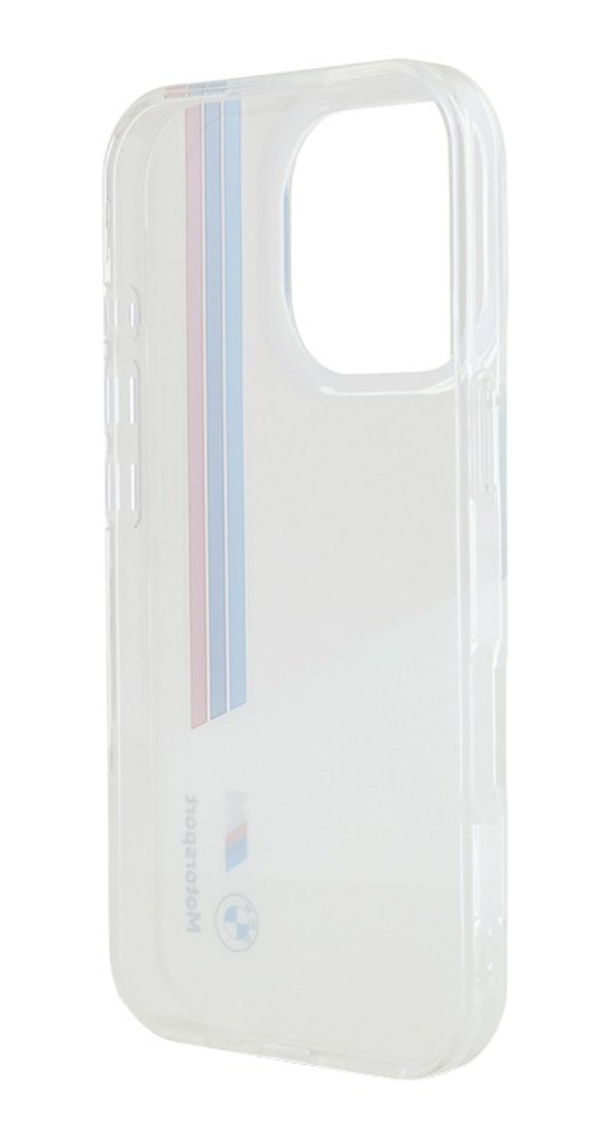 Чехол BMW для iPhone 16 Pro Max, Motorsport PC/TPU Вертикальные линии триколор, Белый