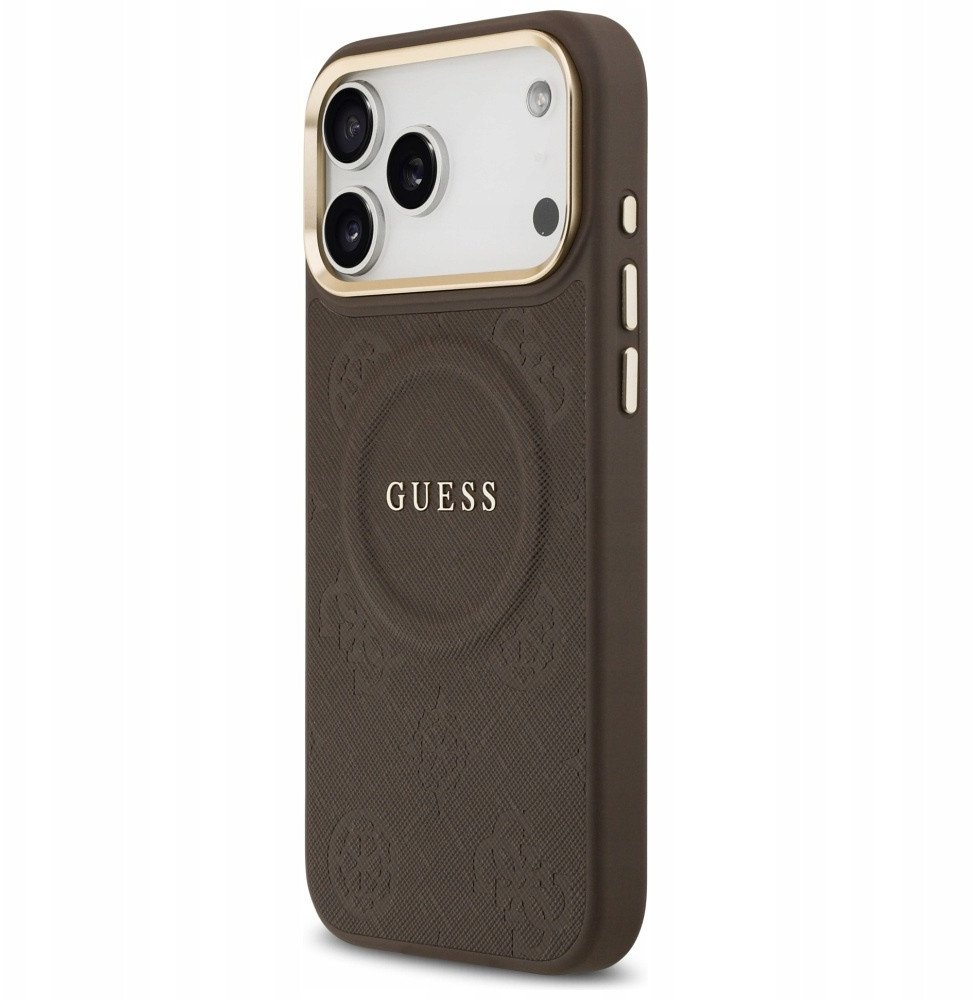 Чехол Guess iPhone 17 Pro Max PU Saffiano Peony Metal logo Gold camera Hard Brown, MagSafe, Коричневый