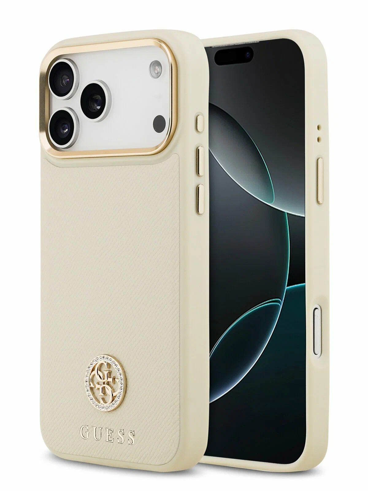Чехол Guess для iPhone 17 Pro PU Grained 4G Diamond metal logo Gold camera, MagSafe, Бежевый