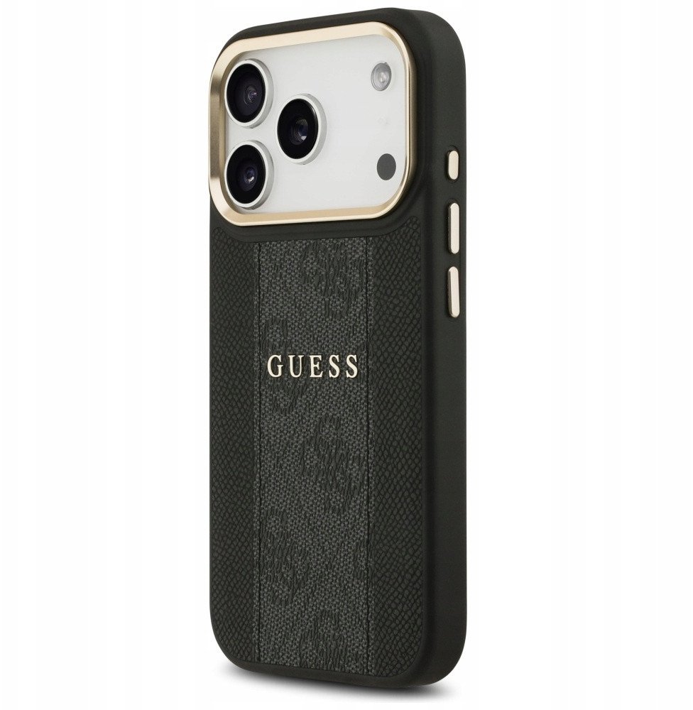 Чехол Guess iPhone 17 Pro чехол PU 4G Stripe Classic metal logo Gold camera Hard Black, Magsafe, Черный