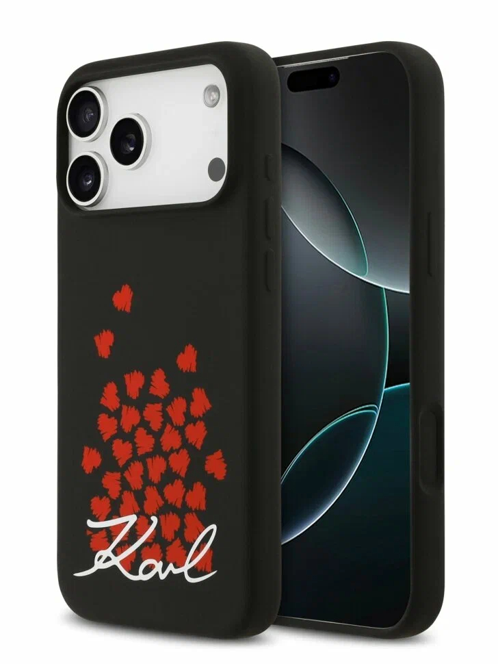 Чехол Lagerfeld iPhone 17 Pro Max Liquid Silicone Hearts, MagSafe, Черный