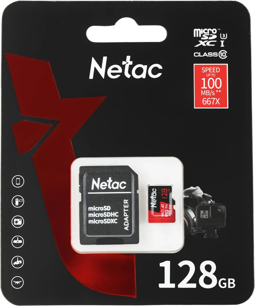 Карта памяти MicroSD 128 Гб Netac P500 Extreme Pro Class 10 UHS-I A1 V30 (100 Mb/s) + SD адаптер