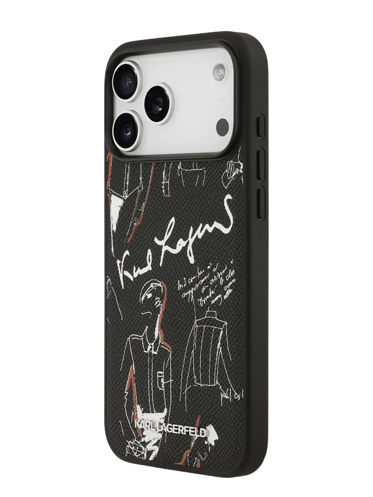 Чехол Lagerfeld iPhone 17 Pro Max PU Grained leather Sketch with Metal logo Hard Black, MagSafe, Черный