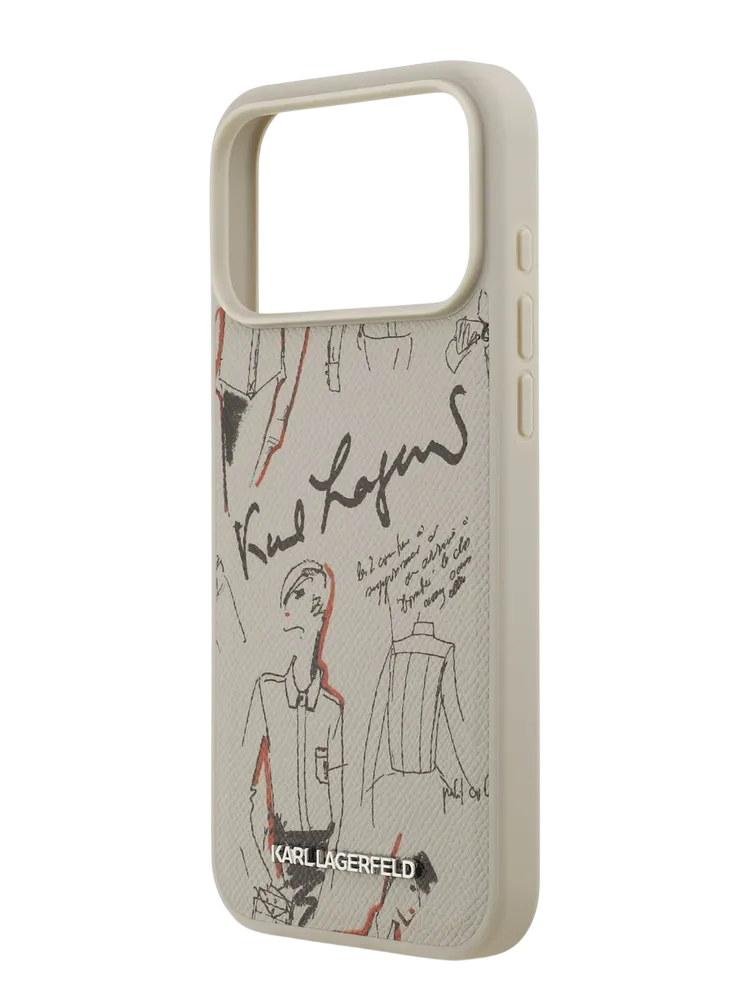 Чехол Lagerfeld iPhone 17 Pro PU Grained leather Sketch with Metal logo Hard Grey, Magsafe, Бежевый