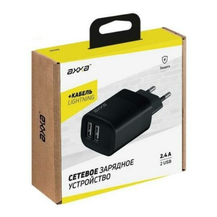 Axxa 2 USB 2.4А, дата-кабель Lightning 1m, Черный