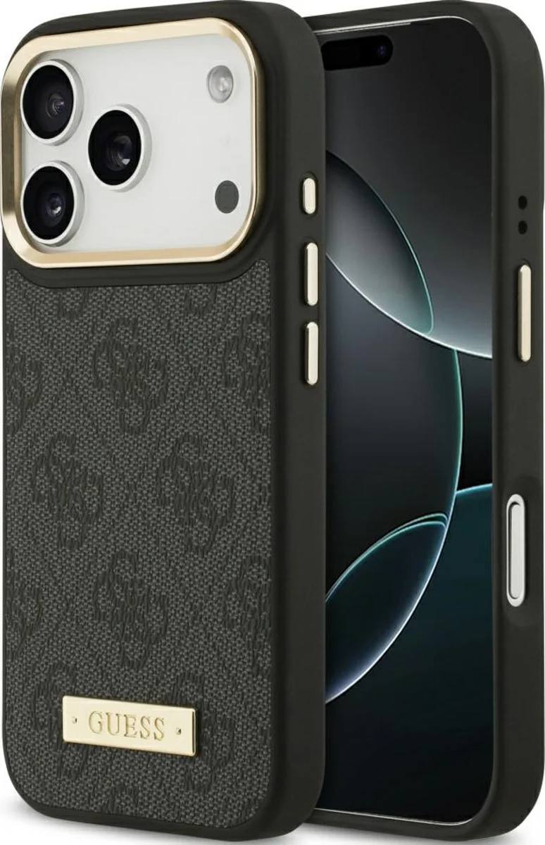 Чехол Guess iPhone 17 Pro PU 4G Plate metal logo and Gold camera Hard Black, Magsafe, Черный