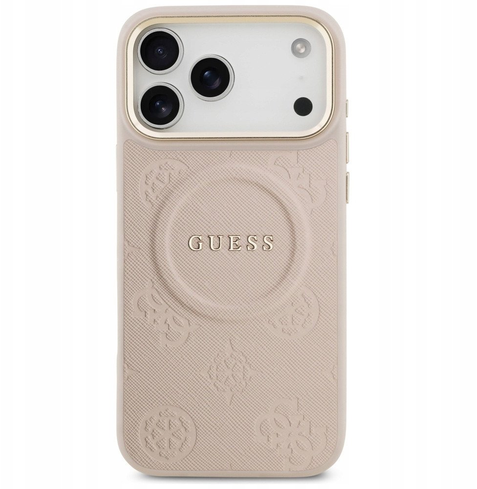 Чехол Guess iPhone 17 Pro Max PU Saffiano Peony Metal logo Gold camera Hard Pink, MagSafe, Бежевый