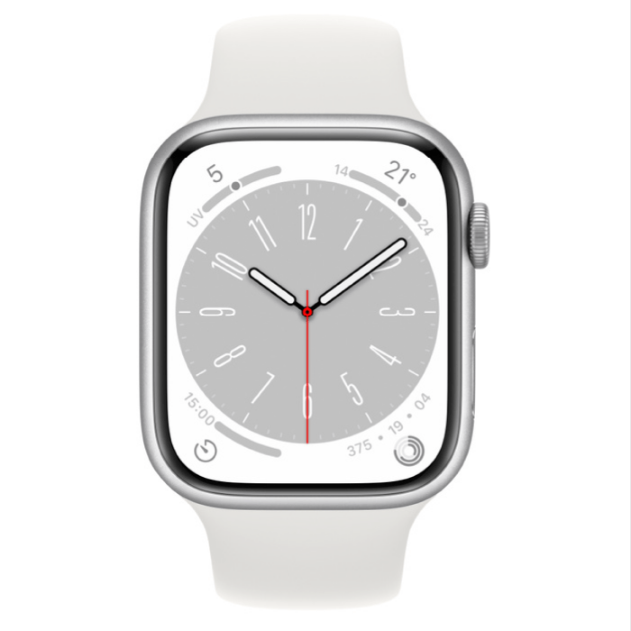 Apple Watch Series 8, 45 мм, корпус из алюминия серебристого цвета, спортивный ремешок белого цвета, MP6N3 / MP6P3 / MP4J3