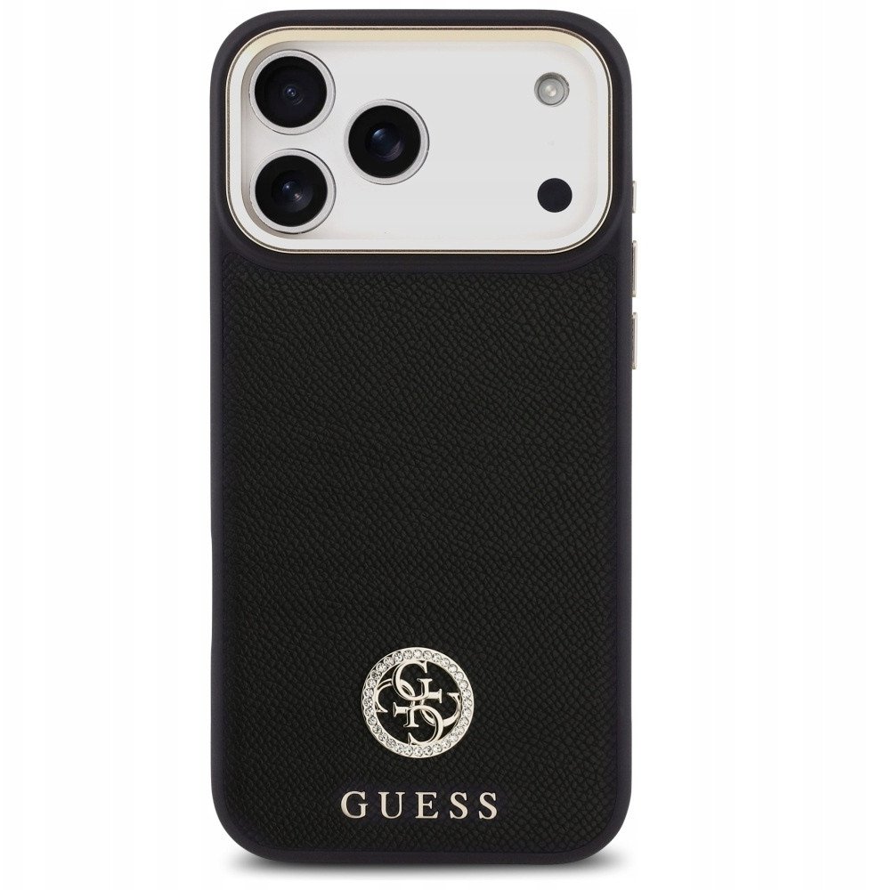 Чехол Guess iPhone 17 Pro Max PU Grained 4G Diamond metal logo Gold camera Hard Black, MagSafe, Черный
