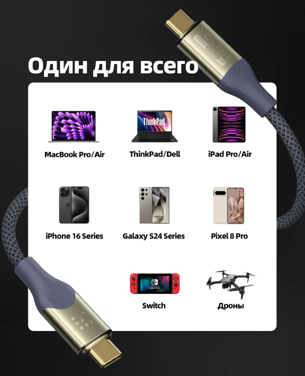 VOLTME Utron USB C+Type-C 5A 240 Вт 8K 2м Нейлон 240W, Черный