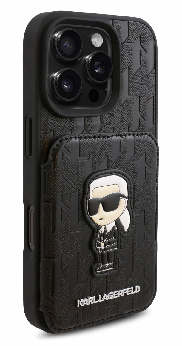 Чехол Lagerfeld для iPhone 16 Pro Max, Картслот Stand PU Saffiano Monogram NFT Karl Ikonik, Черный