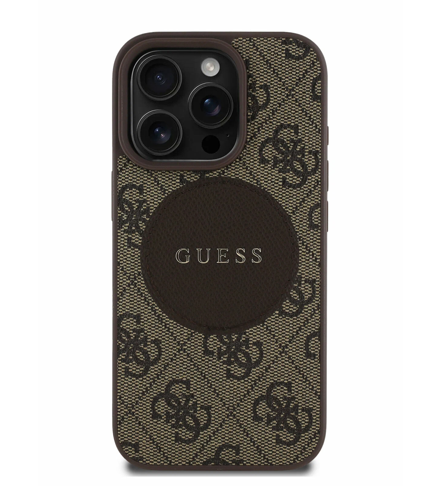 Чехол Guess PU 4G with Round Patch Metal logo Hard с MagSafe для iPhone 16 Pro Max, Коричневый