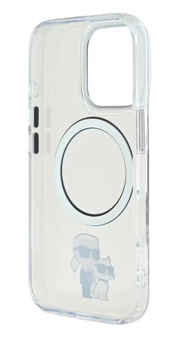 Чехол Lagerfeld для iPhone 16 Pro, PC/TPU NFT Karl & Choupette Металлическое кольцо MagSafe, Прозрачный