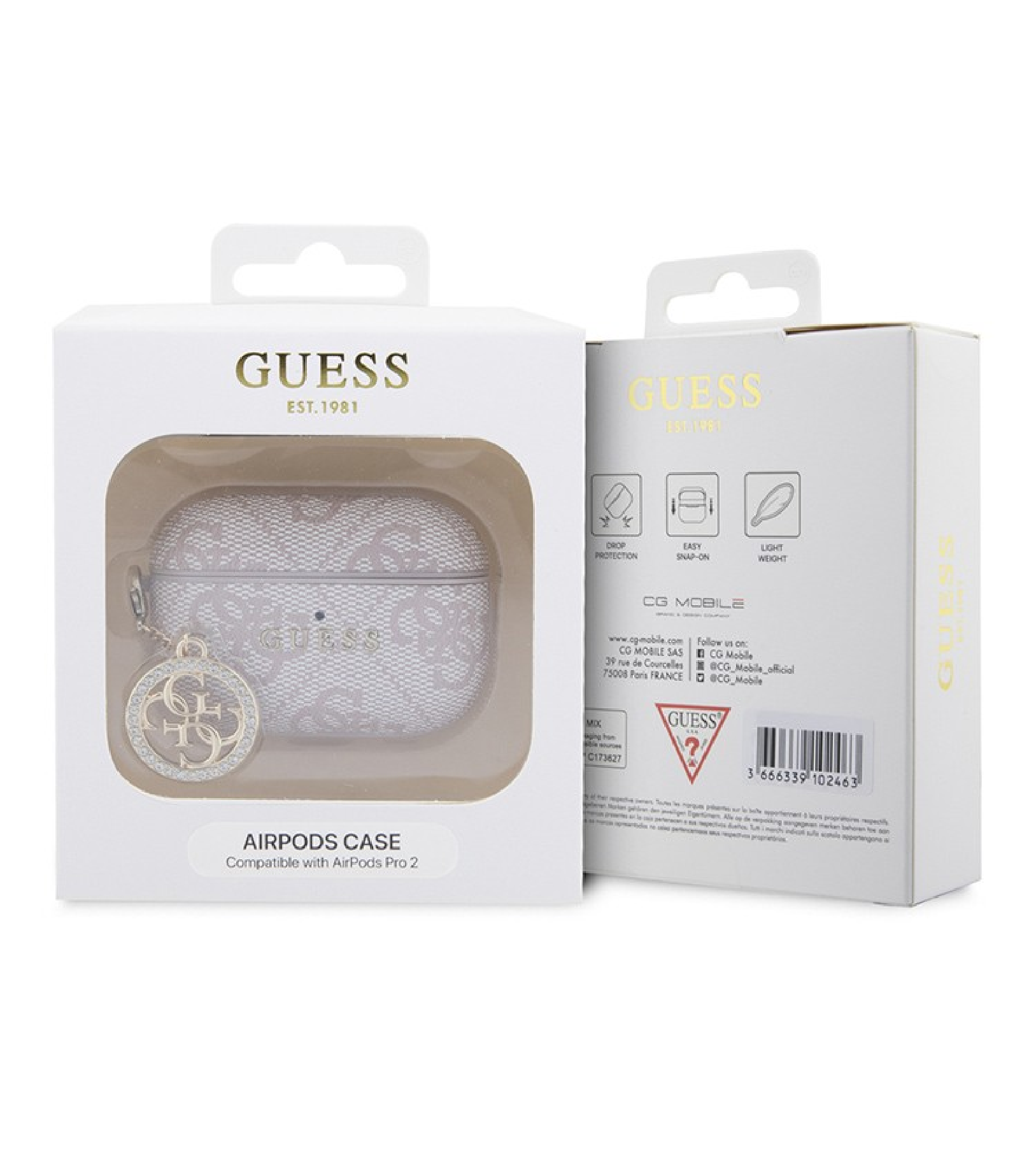 Чехол Guess PU leather 4G with Classic metal logo and Diamond charm для Airpods Pro 2, Розовый