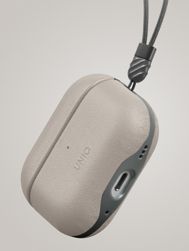 Чехол Uniq Lyden DS Кожзаменитель с ремешком для AirPods Pro 2, Слоновая кость/Зеленый лишайник