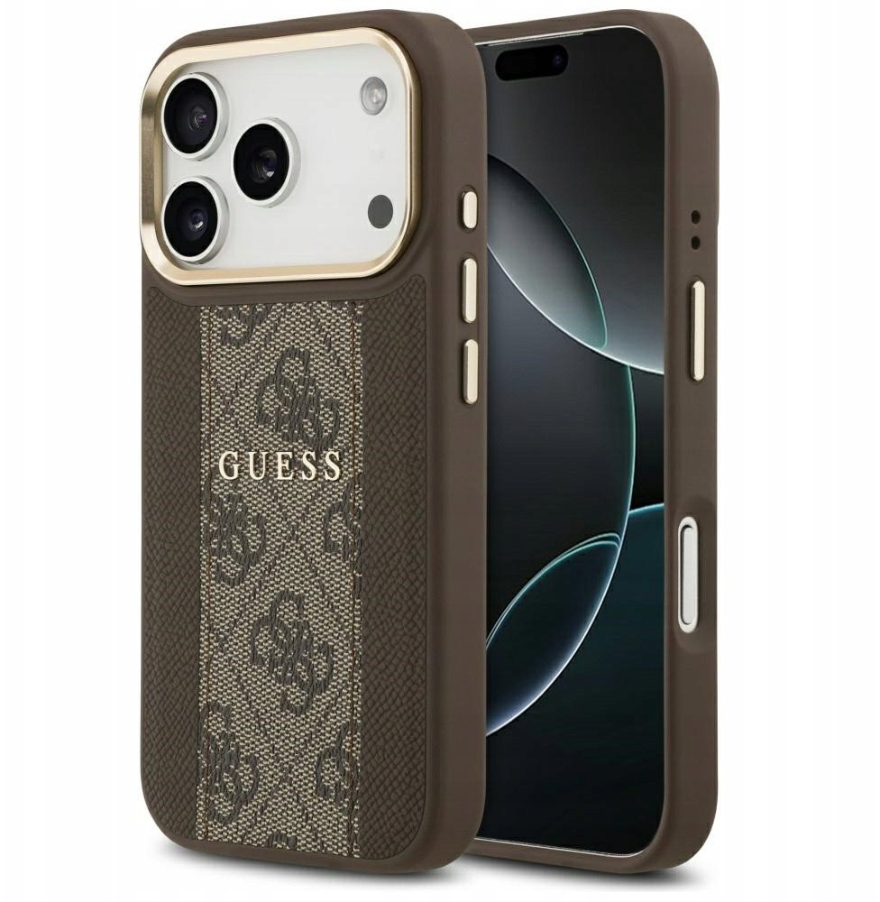 Чехол Guess iPhone 17 Pro PU 4G Stripe Classic metal logo Gold camera Hard Brown, Magsafe, Коричневый