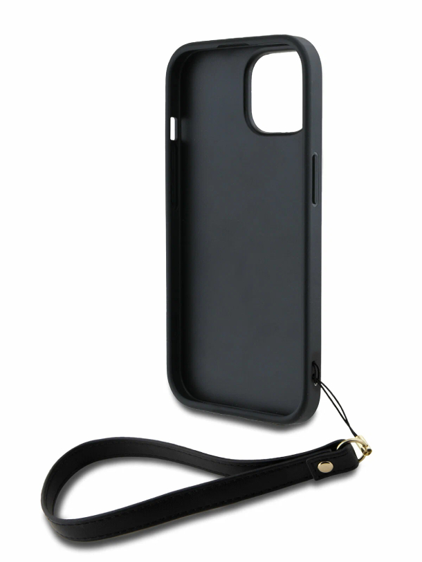 Чехол DKNY для iPhone 15 Pro Max PU Жесткий металлический логотип Stack + ремешок для рук, Черный