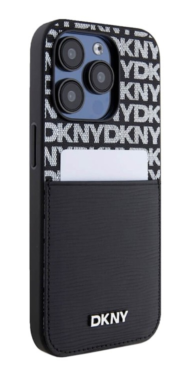 Чехол DKNY для iPhone 15 Pro Max PU Повторяющаяся текстура с металлическим логотипом Cardslot, Черный