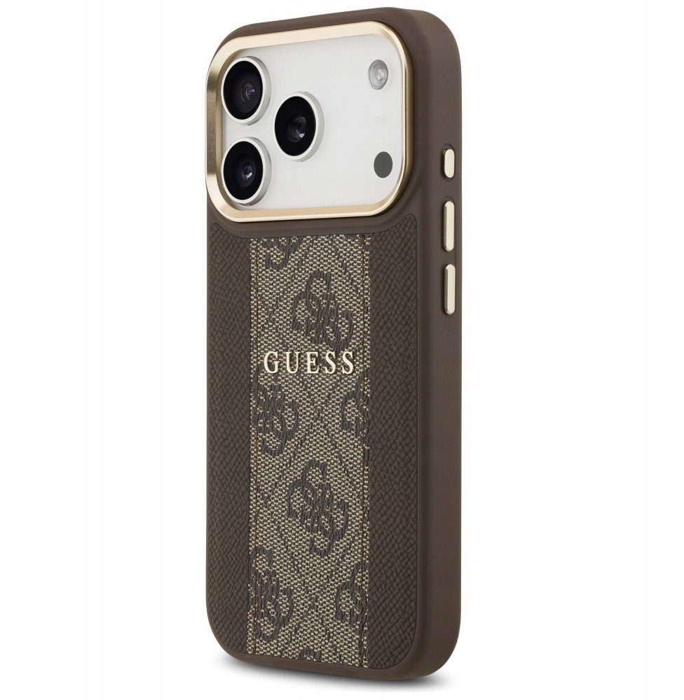 Чехол Guess iPhone 17 Pro PU 4G Stripe Classic metal logo Gold camera Hard Brown, Magsafe, Коричневый
