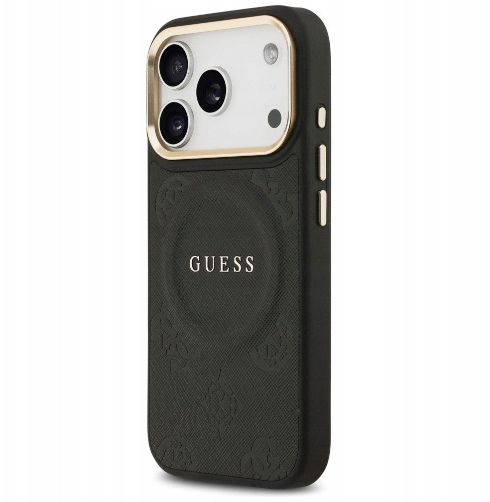 Чехол Guess iPhone 17 Pro PU Saffiano Peony Metal logo Gold camera Hard Black, Magsafe, Черный