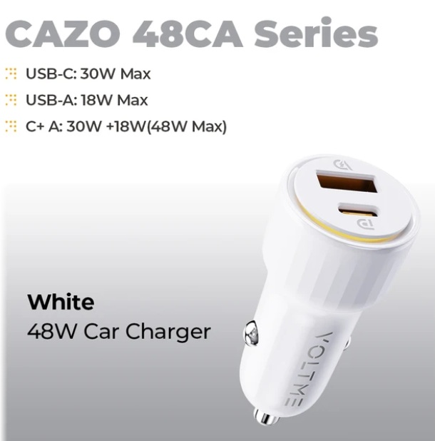Автомобильное зарядное устройство VOLTME Cazo 48CA, 48Вт W USB A + Type-C, Белый 