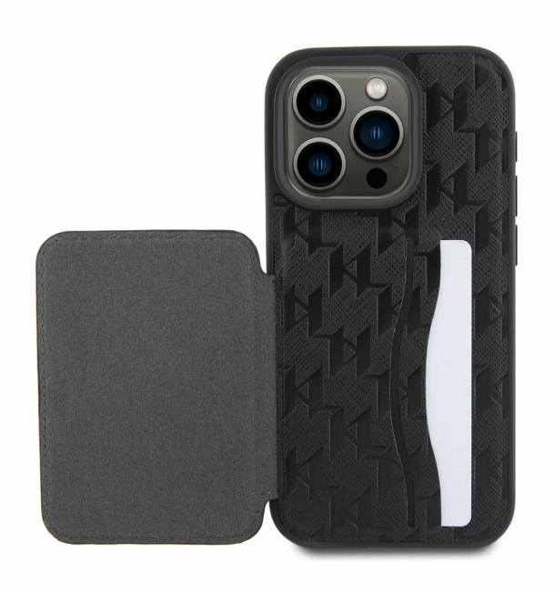 Чехол Lagerfeld для iPhone 16 Pro Max, Картслот Stand PU Saffiano Monogram NFT Choupette, Черный