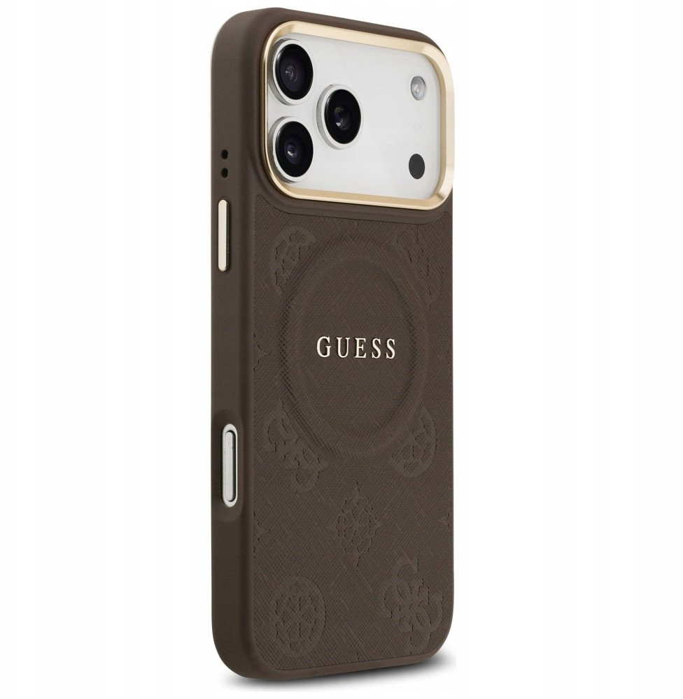 Чехол Guess iPhone 17 Pro Max PU Saffiano Peony Metal logo Gold camera Hard Brown, MagSafe, Коричневый