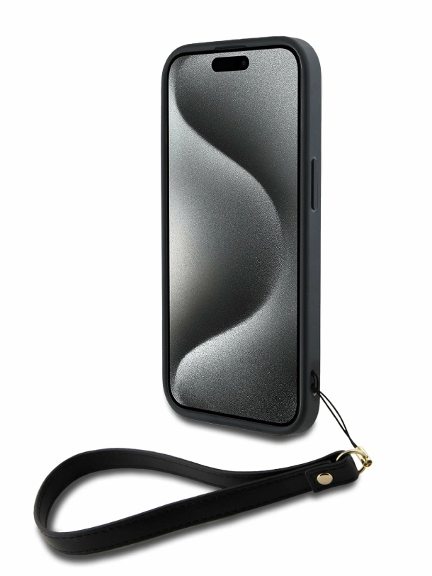 Чехол DKNY для iPhone 15 Pro Max PU Жесткий металлический логотип Stack + ремешок для рук, Черный