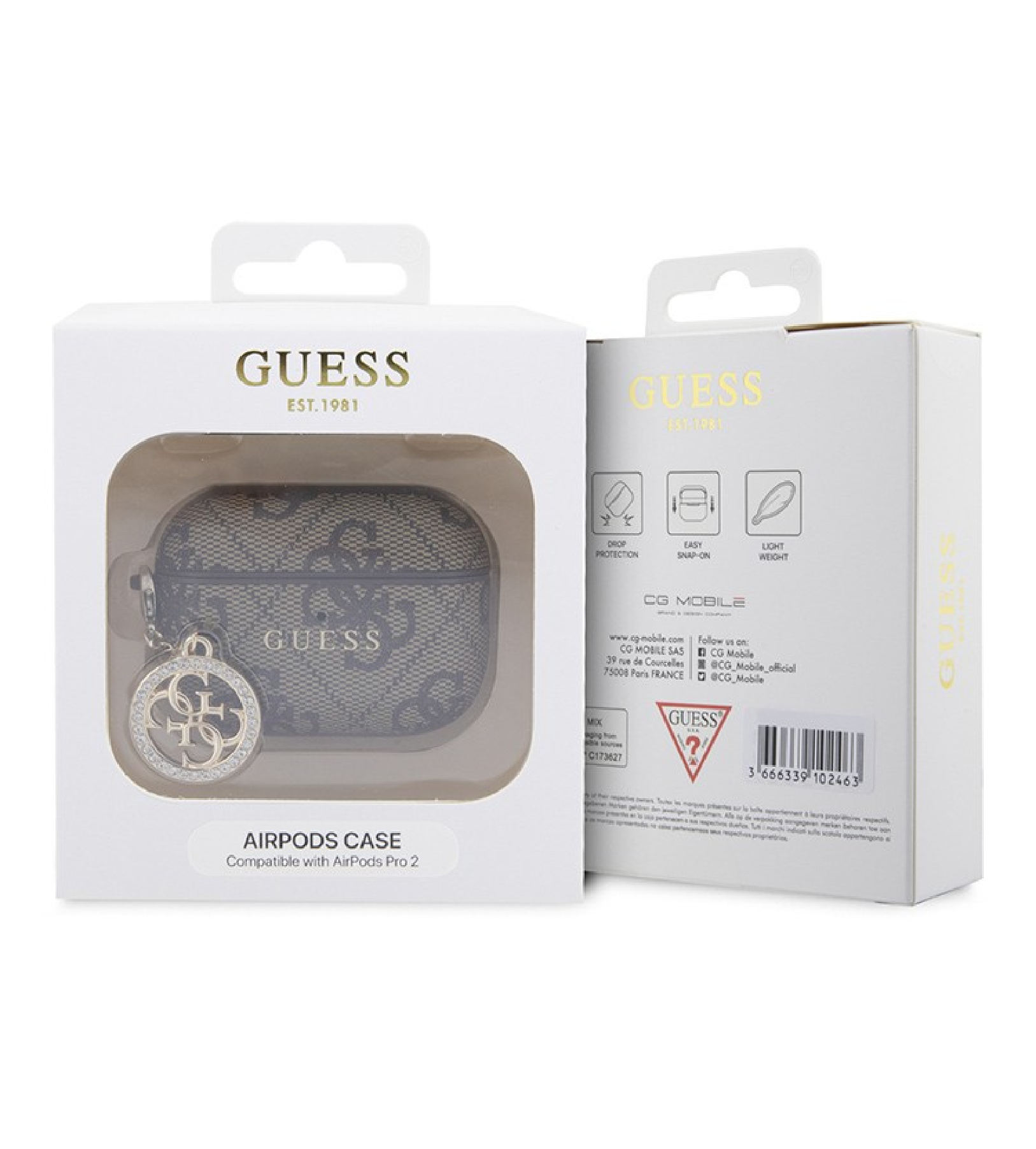 Чехол Guess PU leather 4G with Classic metal logo and Diamond charm для Airpods Pro 2, Коричневый
