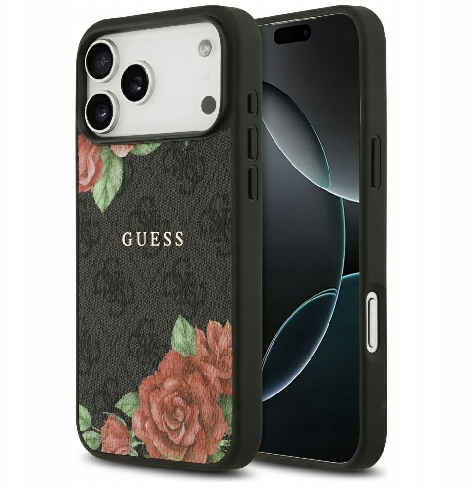 Чехол Guess iPhone 17 Pro PU Flowers Roses Hard Black, Magsafe, Черный