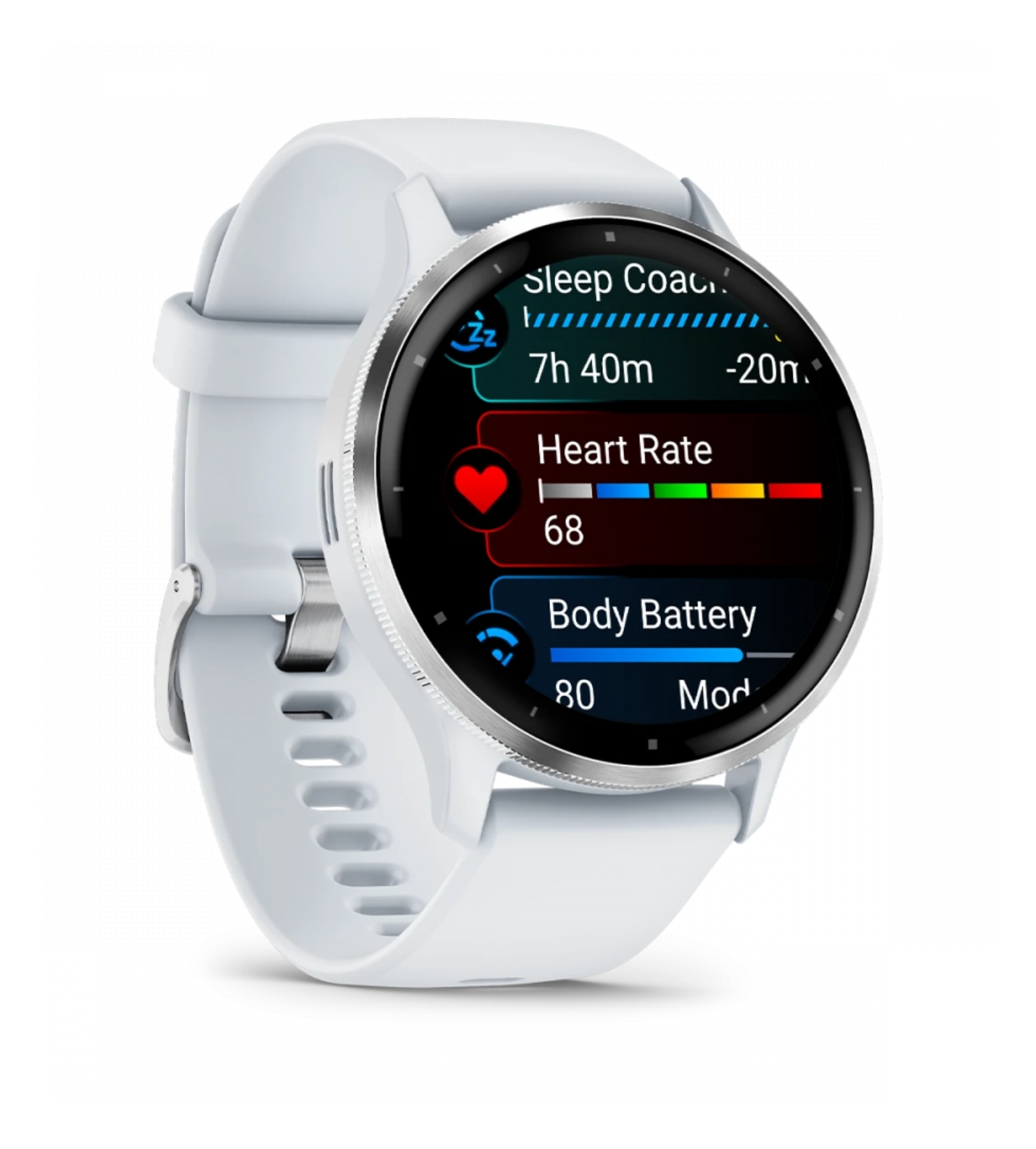 Garmin Venu 3, серебристые с ободком из нержавеющей стали, белоснежным корпусом и силиконовым браслетом