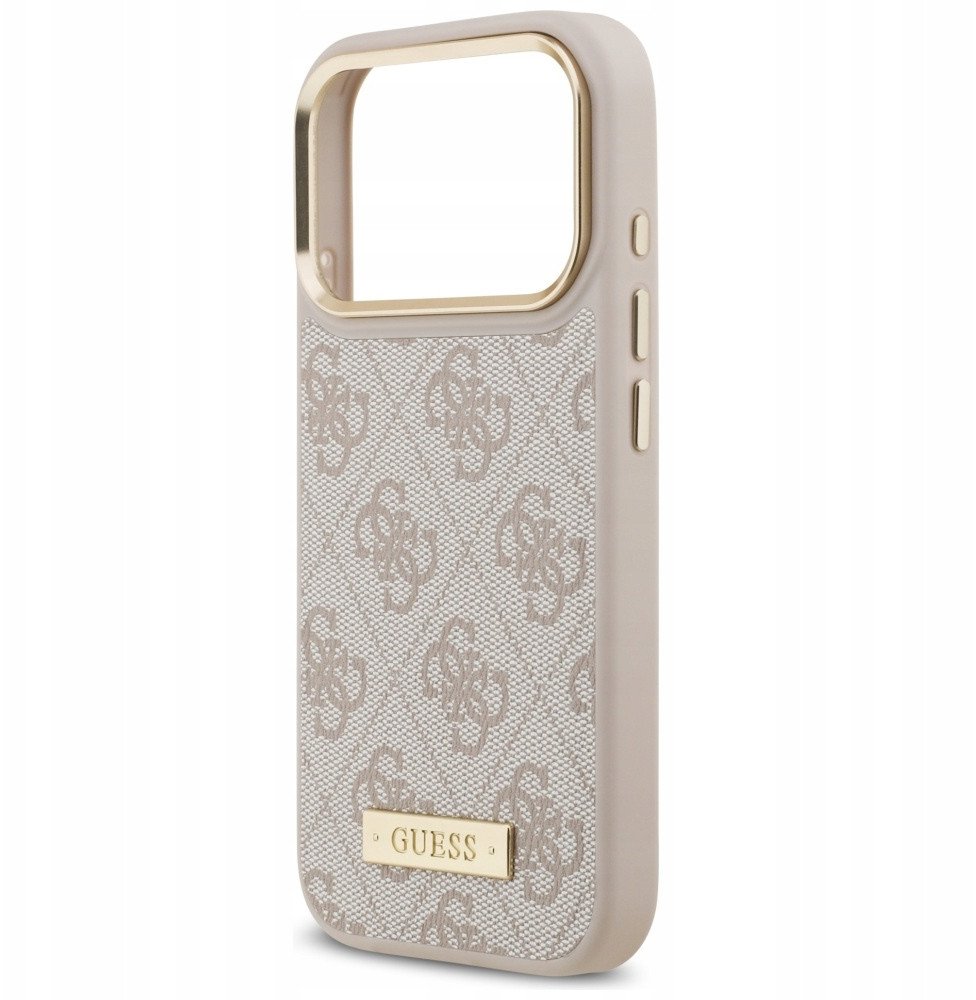 Чехол Guess iPhone 17 Pro PU 4G Plate metal logo and Gold camera Hard Pink, Magsafe, Розовый