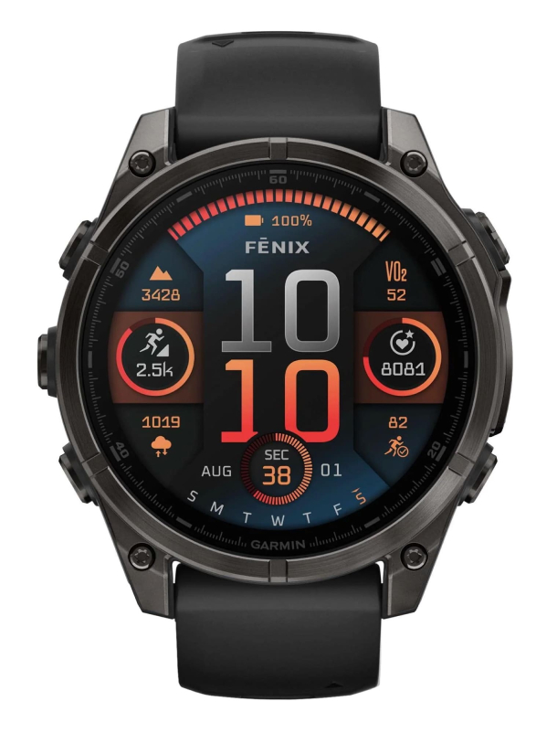 Garmin Fenix 8, 51 мм, AMOLED, Сапфирово-серый титан DLC с черным силиконом