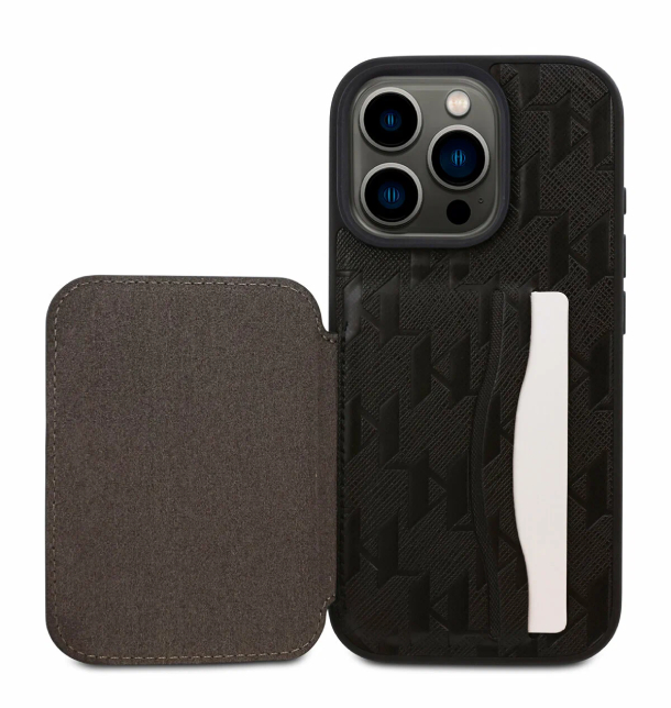 Чехол Lagerfeld для iPhone 16 Pro Max, Картслот Stand PU Saffiano Monogram Plate logo Hard, Черный