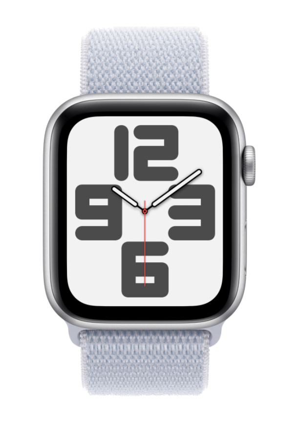 Apple Watch SE 2024, 44 мм, корпус из алюминия серебристого цвета, спортивный ремешок Loop голубого цвета, MXET3
