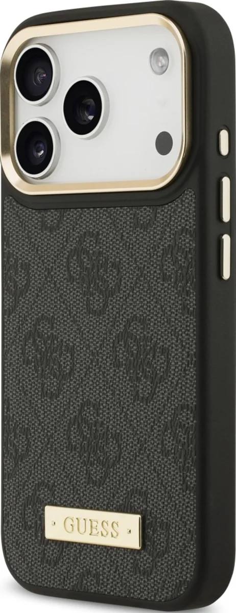 Чехол Guess iPhone 17 Pro PU 4G Plate metal logo and Gold camera Hard Black, Magsafe, Черный