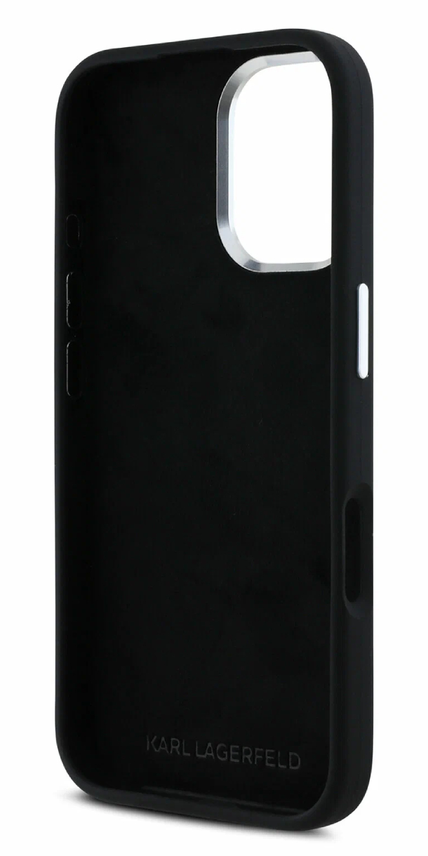 Чехол Lagerfeld для iPhone 16 Plus, Силикон Signature Metal logo & Camera frame, Черный