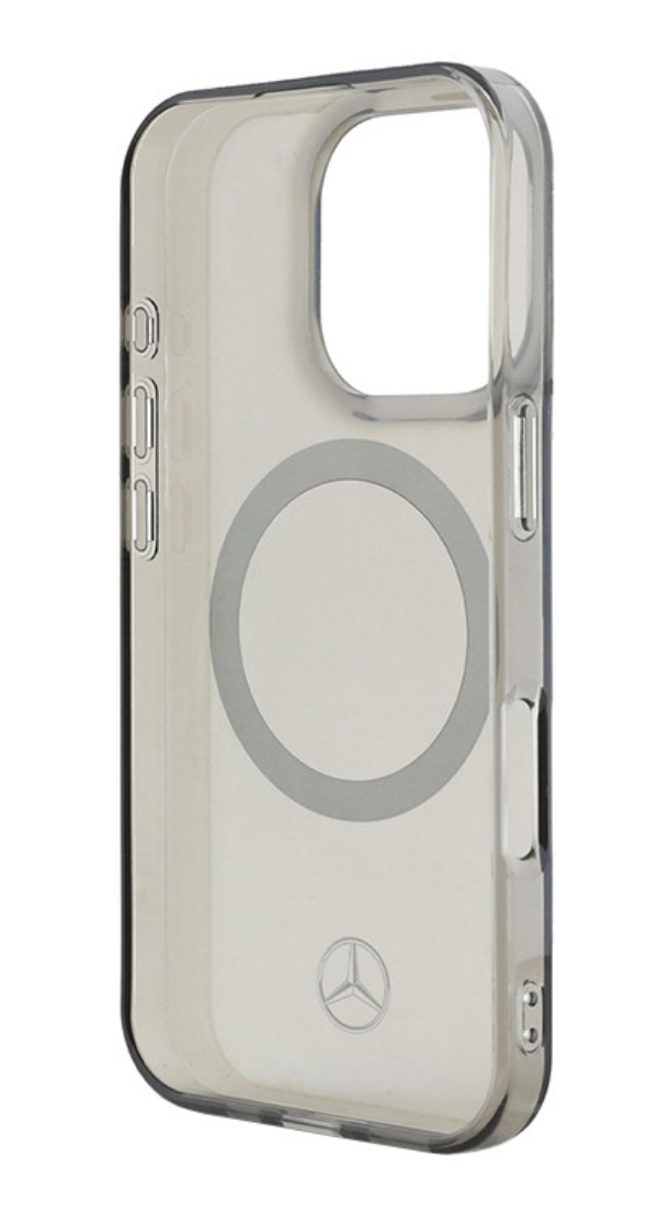 Чехол Mercedes для iPhone 16 Pro Max, PC/TPU Прозрачный с серебряным кольцом MagSafe, Черный