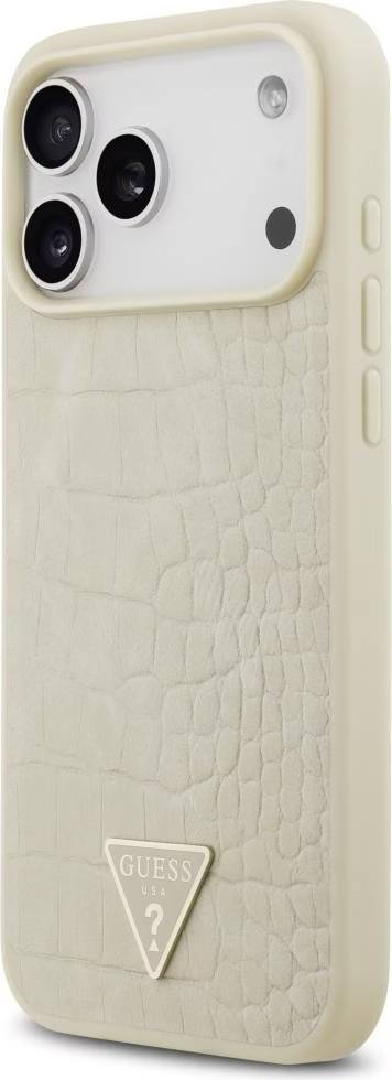 Чехол Guess для iPhone 17 Pro PU Croco Triangle metal logo, MagSafe, Бежевый