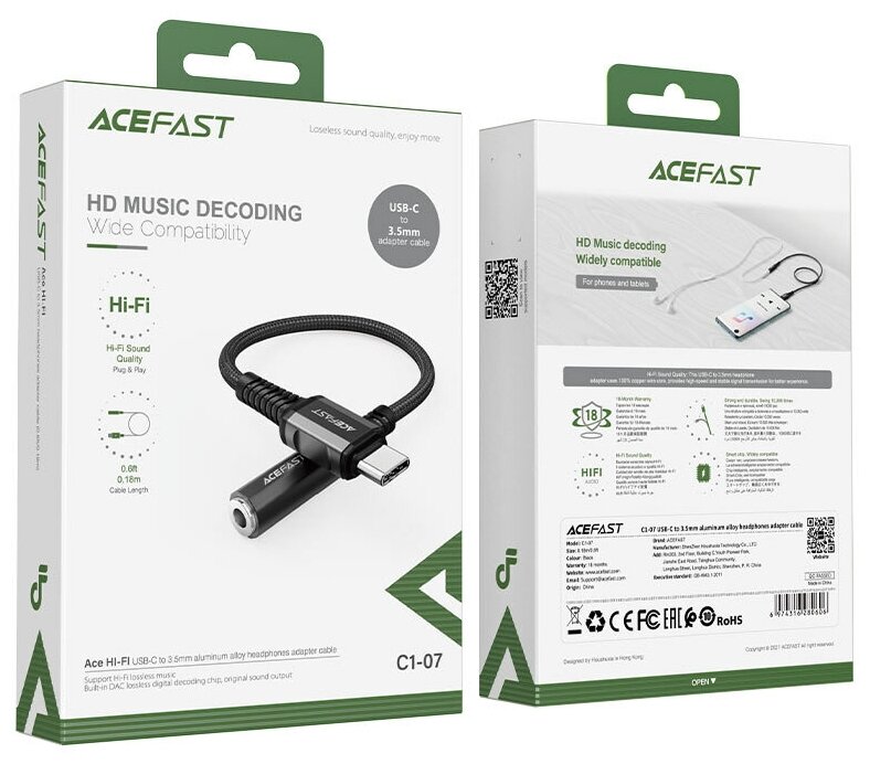 ACEFAST C1-07 Type-C на 3.5мм Jack, Черный