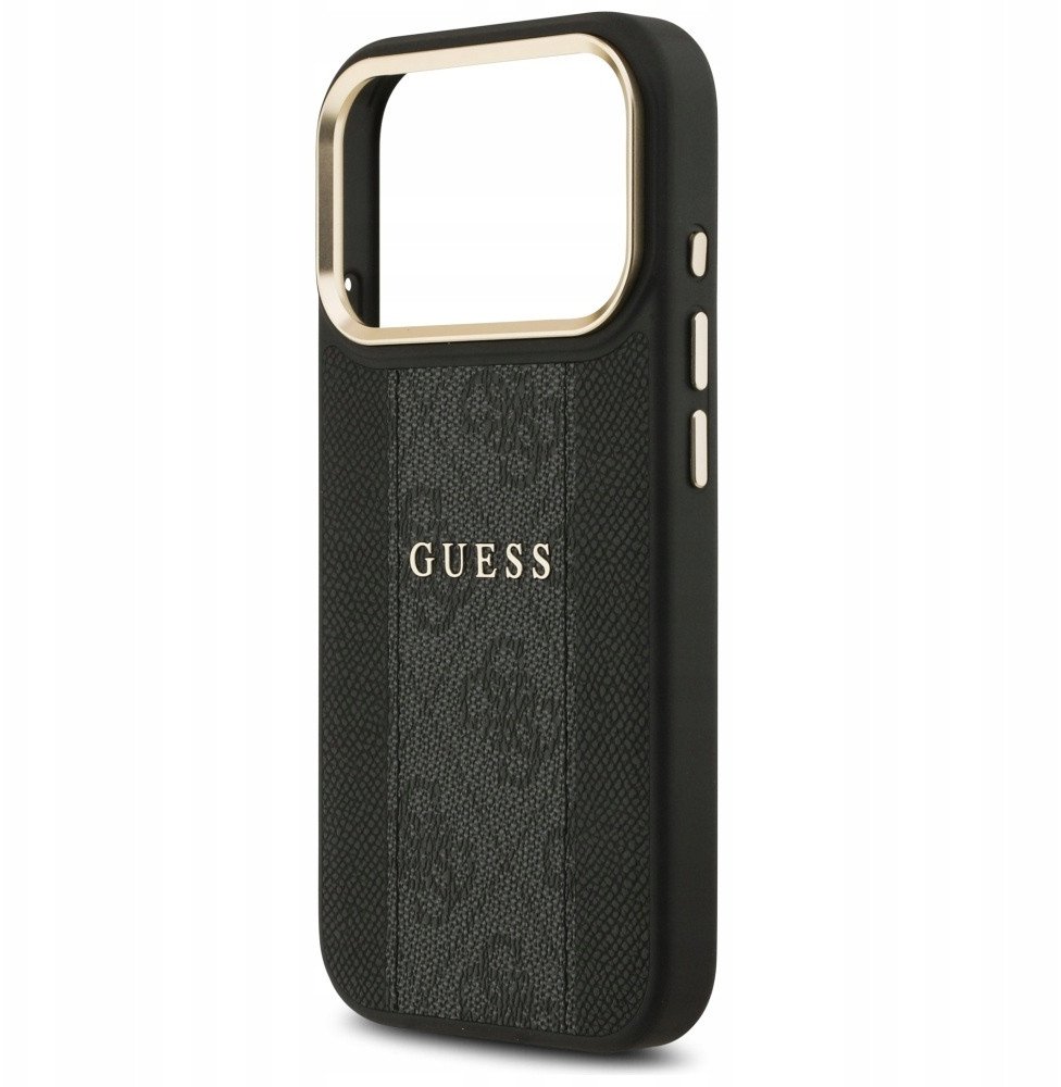 Чехол Guess iPhone 17 Pro чехол PU 4G Stripe Classic metal logo Gold camera Hard Black, Magsafe, Черный