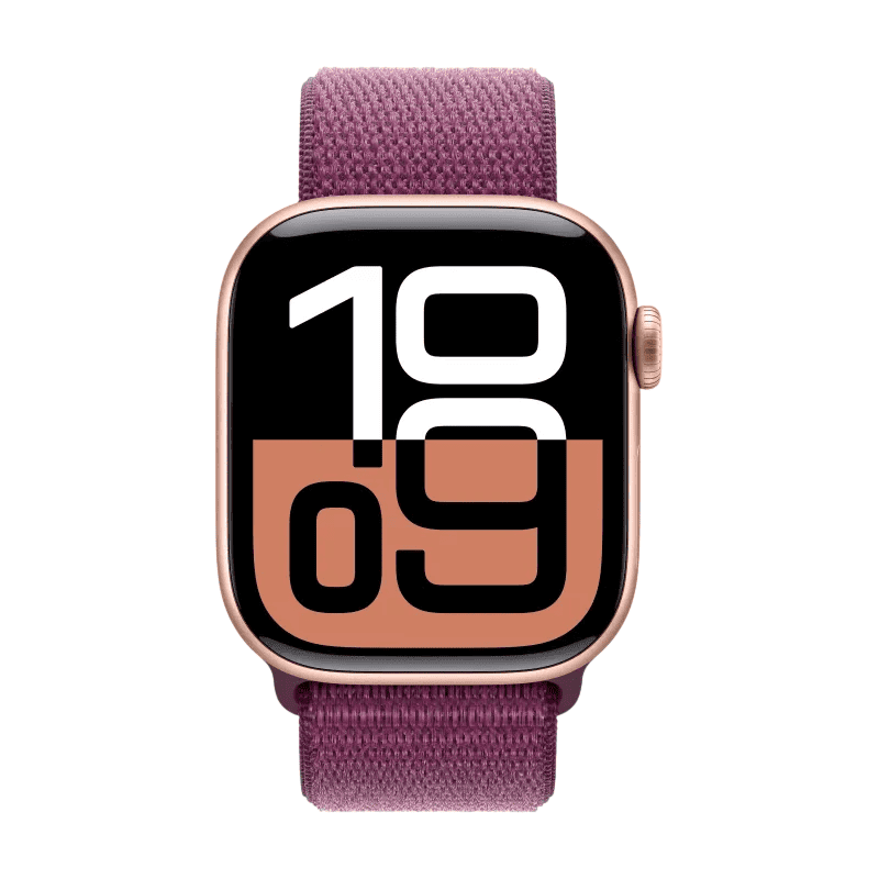 Apple Watch Series 10 GPS + Cellular 42 мм, корпус из алюминия цвета «розовое золото», Sport Loop цвета «Plum» (MWXC3)
