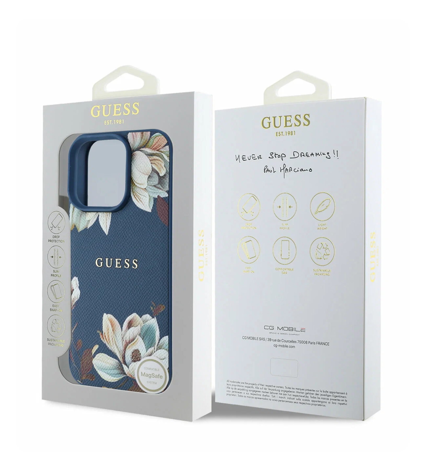 Чехол Guess PU Grained leather Flowers Metal logo Hard Blue (MagSafe) для iPhone 16 Pro Max, Синий