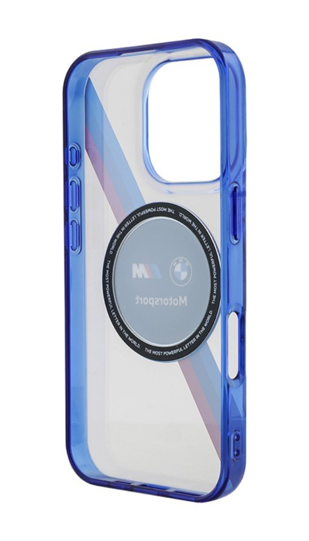 Чехол BMW для iPhone 16 Pro Max, Motorsport PC/TPU Круг и триколор MagSafe, Прозрачный