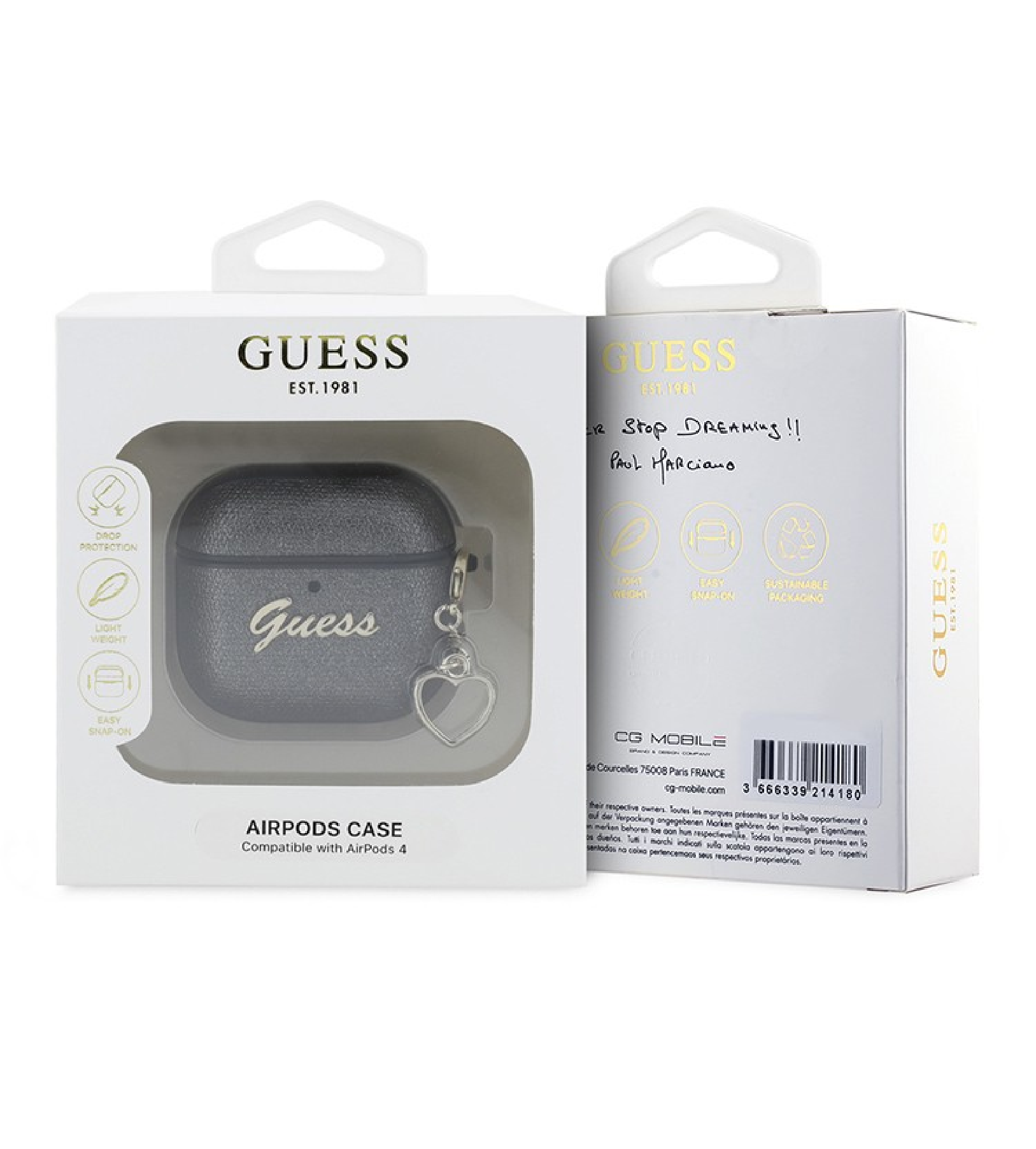 Чехол Guess PU leather with Script metal logo and Heart charm для Airpods 4, Черный