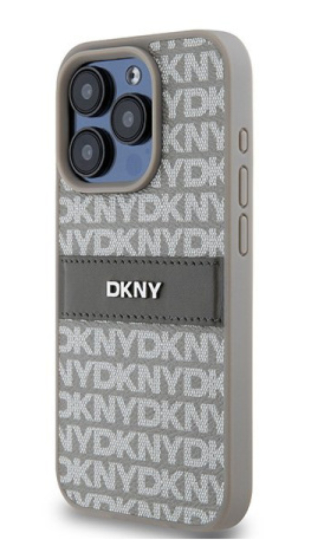Чехол DKNY для iPhone 15 Pro Max PU Повторяющаяся текстура полоски в тон металлическому логотипу, Бежевый