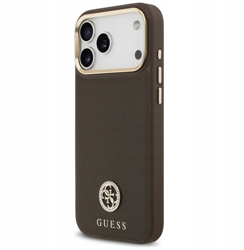 Чехол Guess iPhone 17 Pro Max PU Grained 4G Diamond metal logo Gold camera Hard Brown, MagSafe, Коричневый