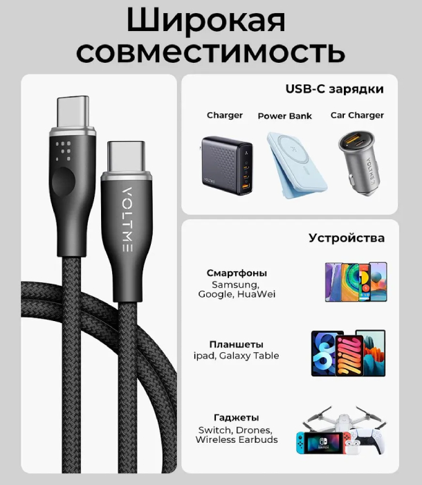 VOLTME RUGG USB C+Type-C- 3A 60 Вт 1м Нейлон, 60W, Черный